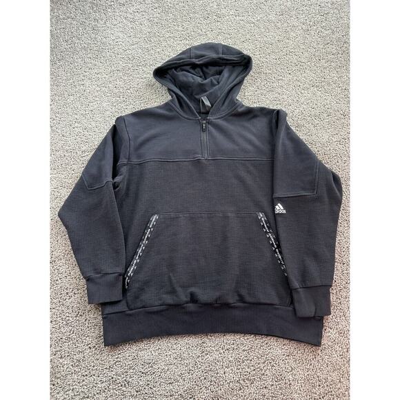 Adidas Hoodie Mens Large Black Waffle Knit Trim 1/4 Zip Pullover Sweatshirt * - Picture 2 of 13